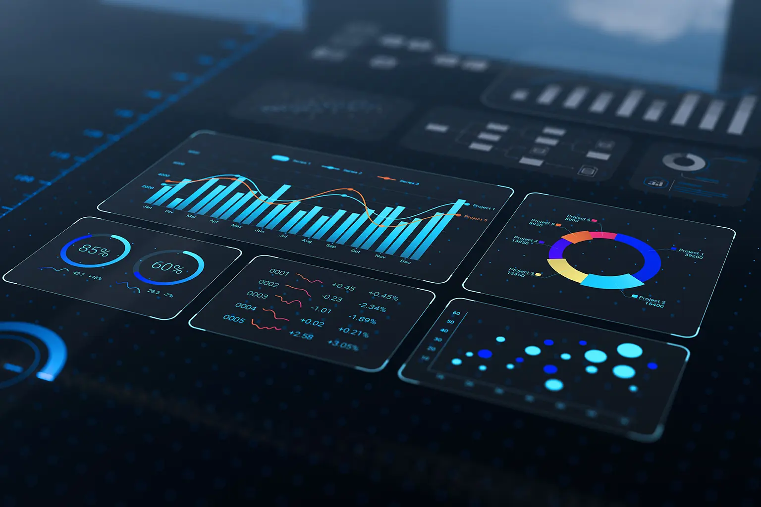Digital dashboard displaying various data visualizations, including bar charts, pie chart, and line graphs with percentages and trend indicators on a sleek, high-tech interface.