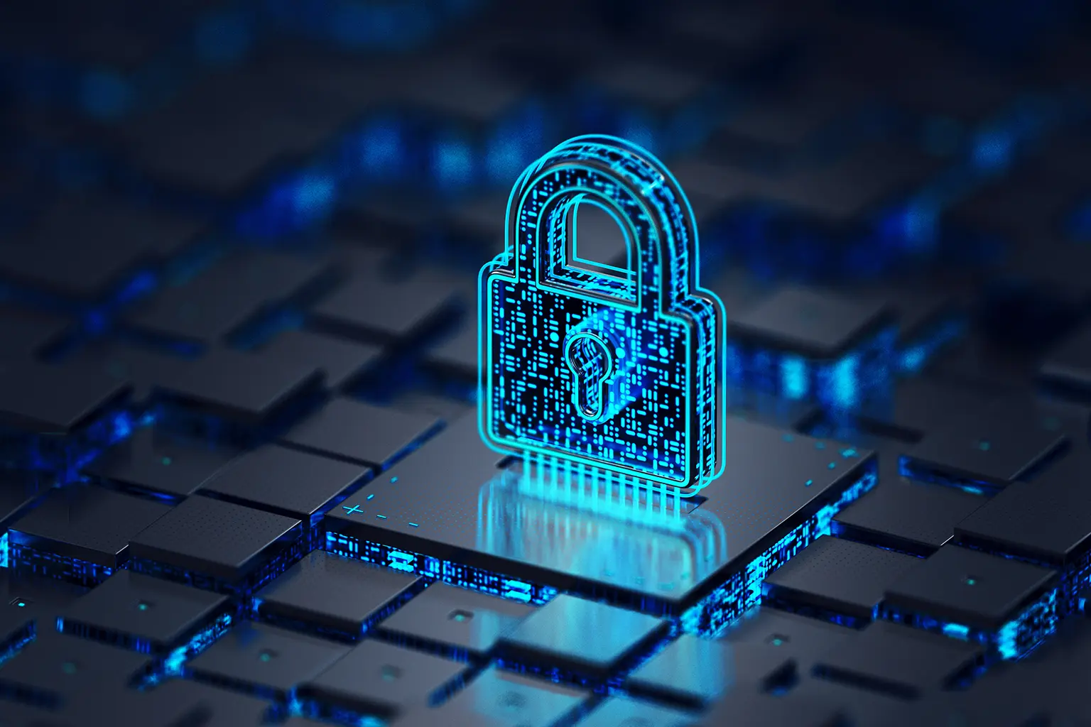 Futuristic digital padlock on a circuit board, symbolizing cybersecurity and data protection.